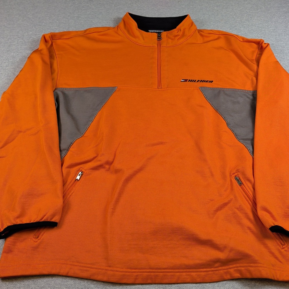 Tommy Hilfiger Athletics Y2K Mens XXL Orange Grey 1/4 Zip Fleece Pullover 178375